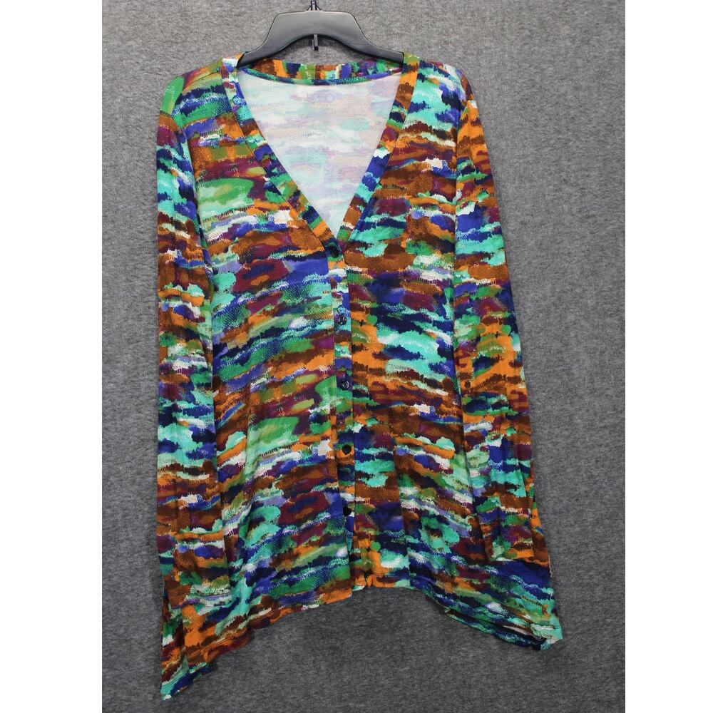LOGO Lori Goldstein Tunic Button Cardigan Topper Brown Green Large Soft Stretch
